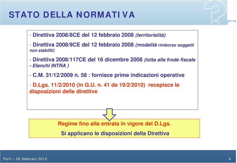 - C.M. 31/12/2009 n. 58 : fornisce prime indicazioni operative - D.Lgs. 11/2/2010 (in G.U. n. 41 de 19/2/2010) recepisce le disposizioni delle direttive Regime fino alla entrata in vigore del D.