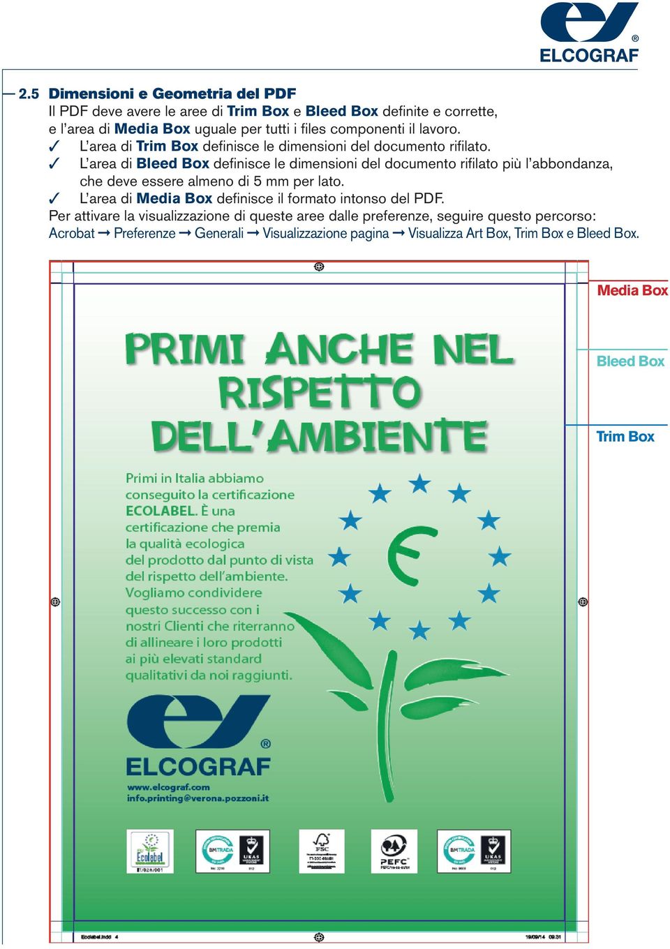 L area di Bleed Box definisce le dimensioni del documento rifilato più l abbondanza, che deve essere almeno di 5 mm per lato.