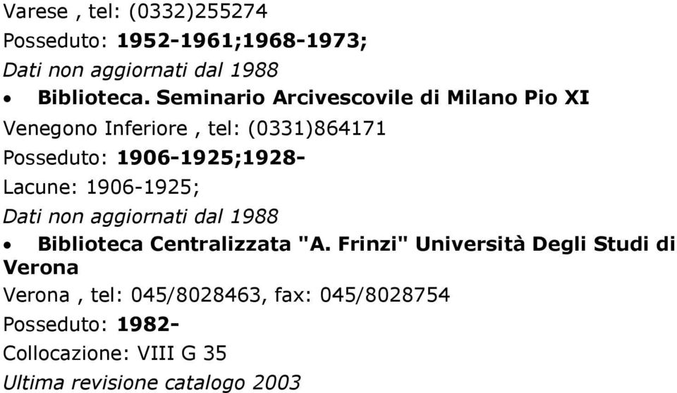 Posseduto: 1906-1925;1928- Lacune: 1906-1925; Biblioteca Centralizzata "A.