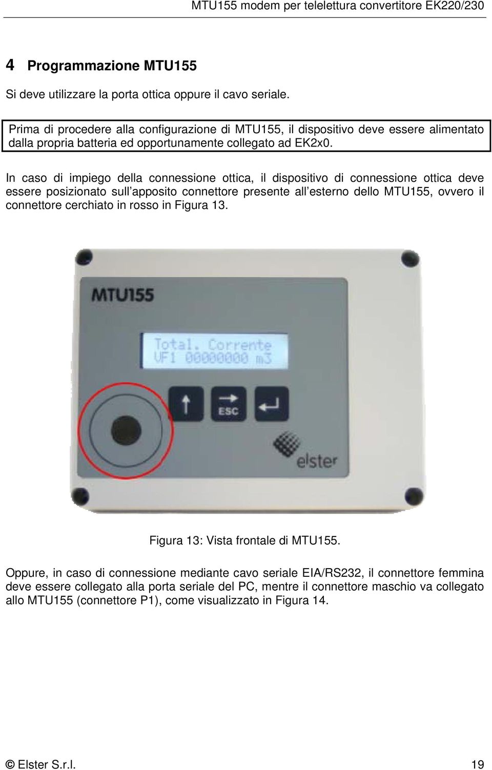 In caso di impiego della connessione ottica, il dispositivo di connessione ottica deve essere posizionato sull apposito connettore presente all esterno dello MTU155, ovvero il
