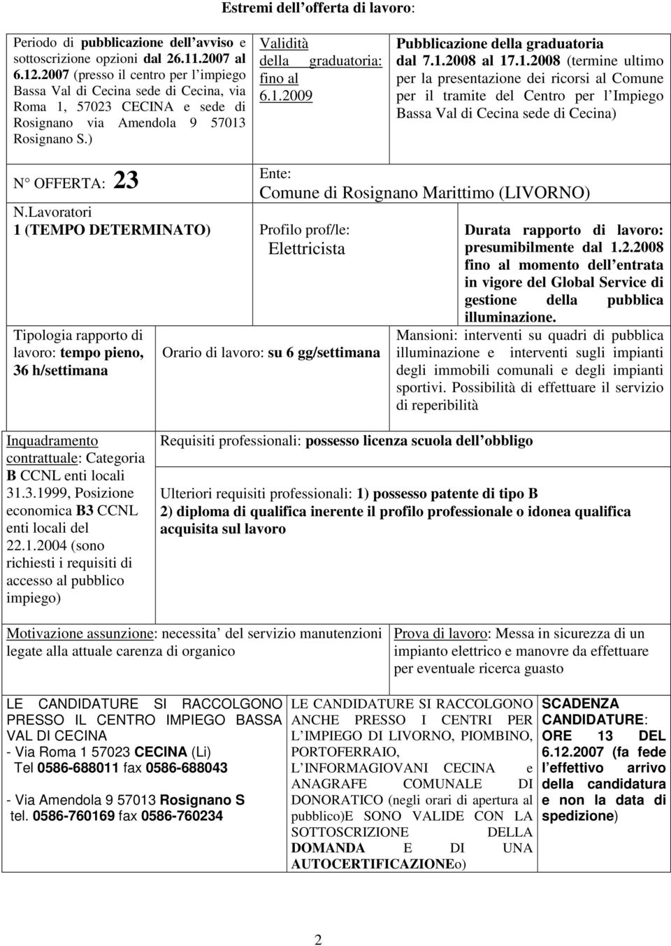 1.2008 al 17.1.2008 (termine ultimo per la presentazione dei ricorsi al Comune per il tramite del Centro per l Impiego Bassa Val di Cecina sede di Cecina) N OFFERTA: 23 Ente: Comune di Rosignano