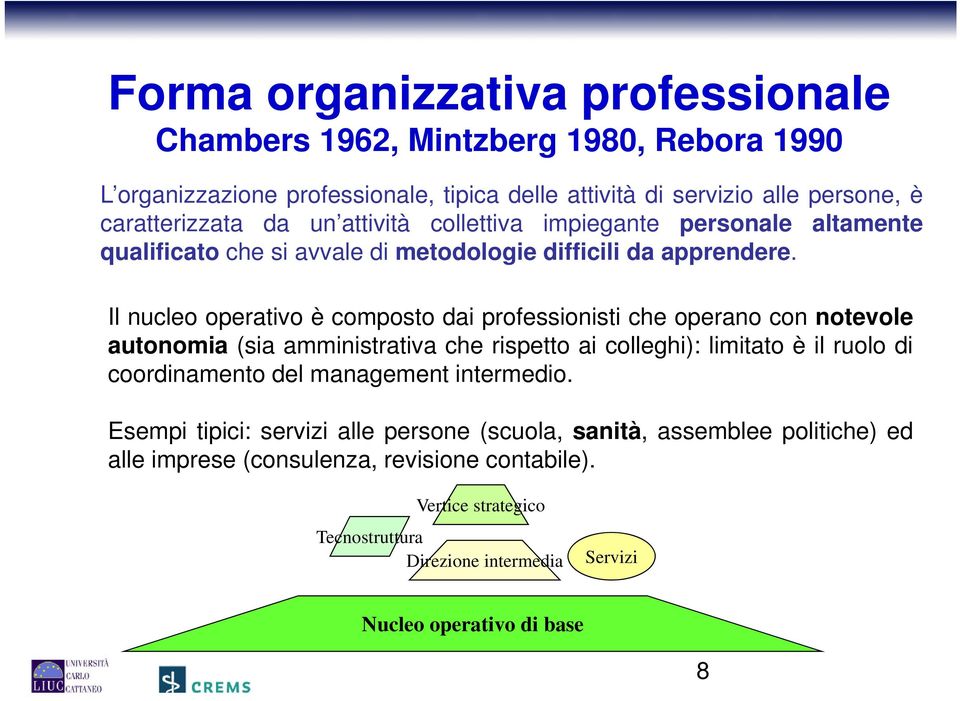 Il nucleo operativo è composto dai professionisti che operano con notevole autonomia (sia amministrativa che rispetto ai colleghi): limitato è il ruolo di coordinamento del