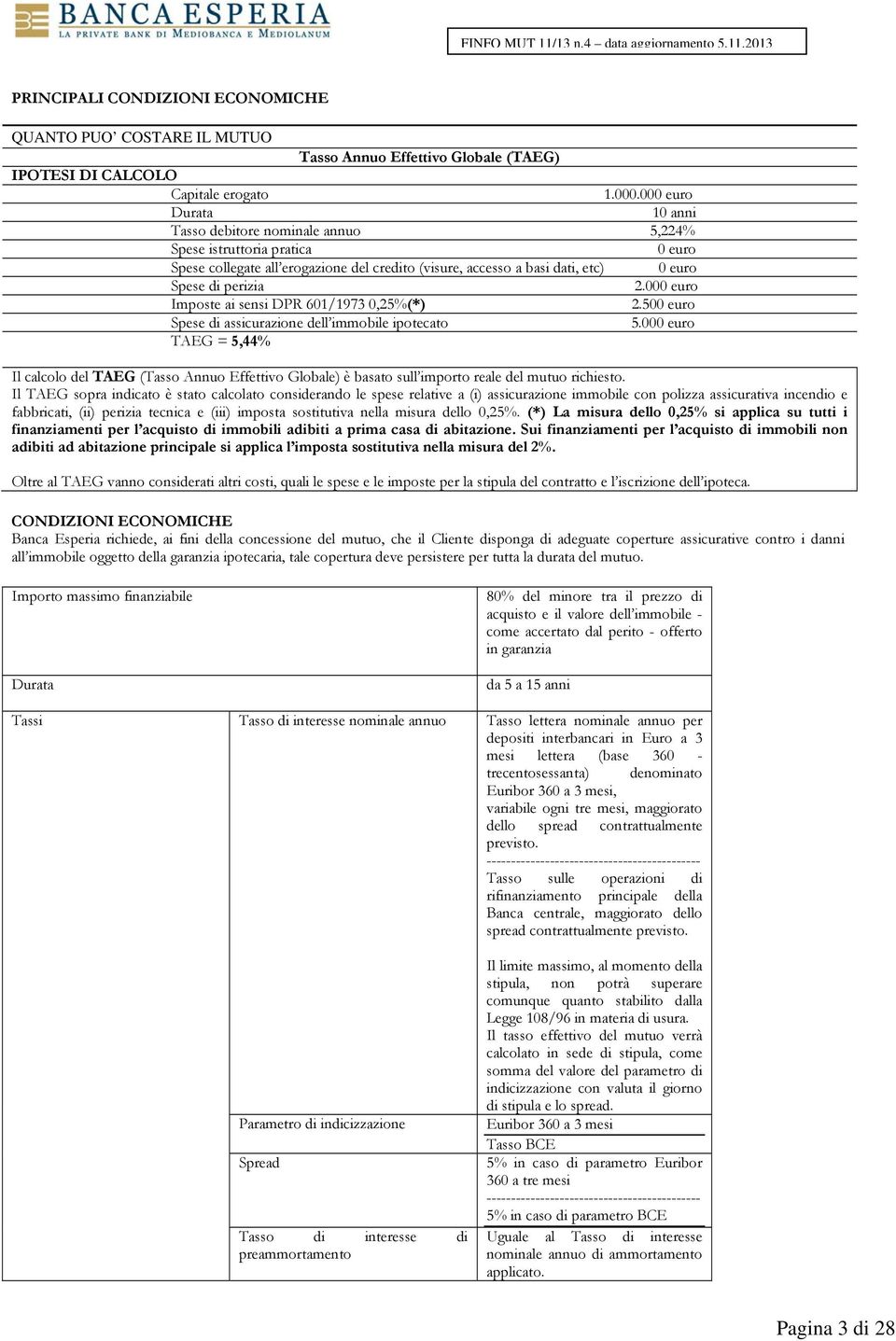 000 euro Imposte ai sensi DPR 601/1973 0,25%(*) 2.500 euro Spese di assicurazione dell immobile ipotecato 5.