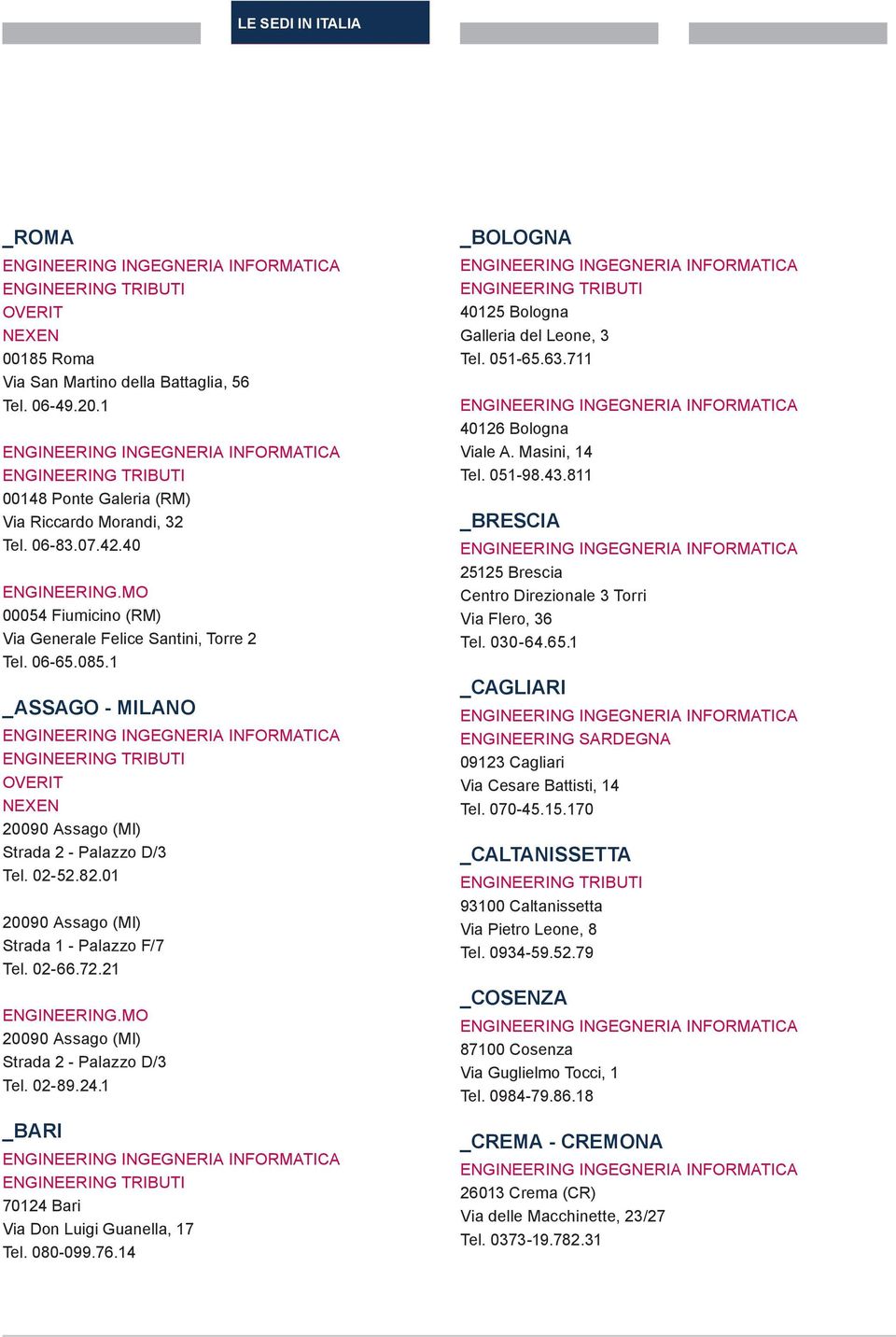 21 Strada 2 - Palazzo D/3 Tel. 02-89.24.1 _BARI 70124 Bari Via Don Luigi Guanella, 17 Tel. 080-099.76.14 _BOLOGNA 40125 Bologna Galleria del Leone, 3 Tel. 051-65.63.711 40126 Bologna Viale A.