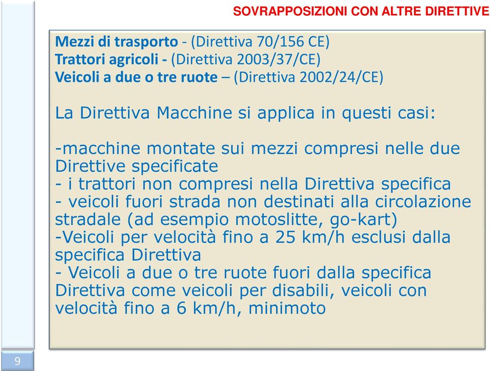 nella Direttiva specifica - veicoli fuori strada non destinati alla circolazione stradale (ad esempio motoslitte, go-kart) -Veicoli per velocità fino a 25 km/h