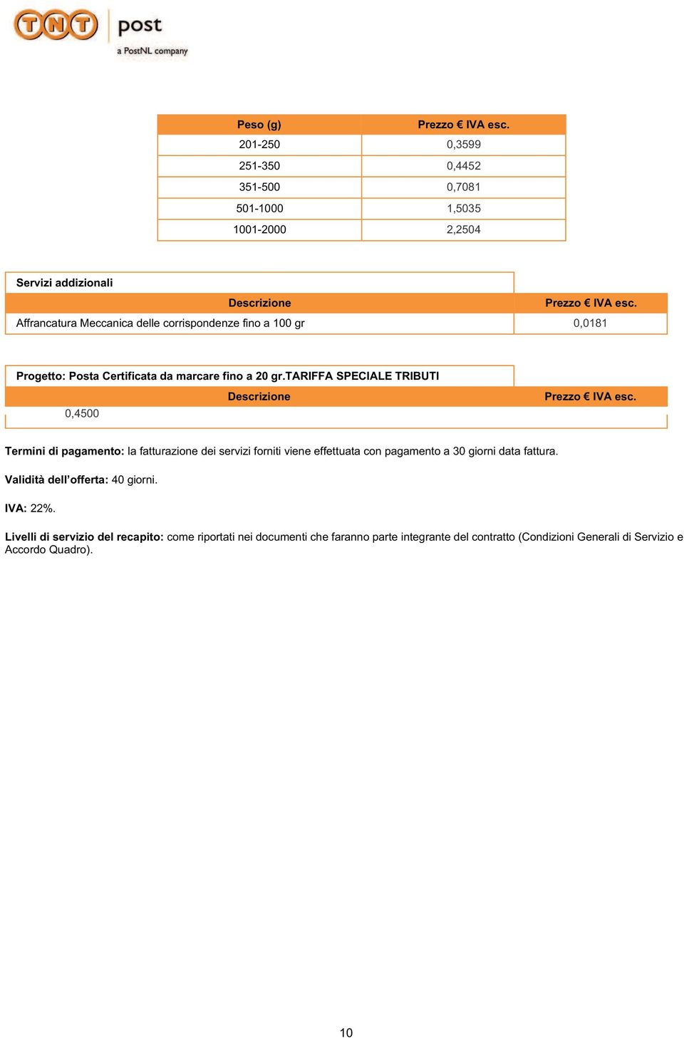tariffa SPECIALE TRIBUTI 0,4500 Descrizione Termini di pagamento: la fatturazione dei servizi forniti viene effettuata con pagamento a 30