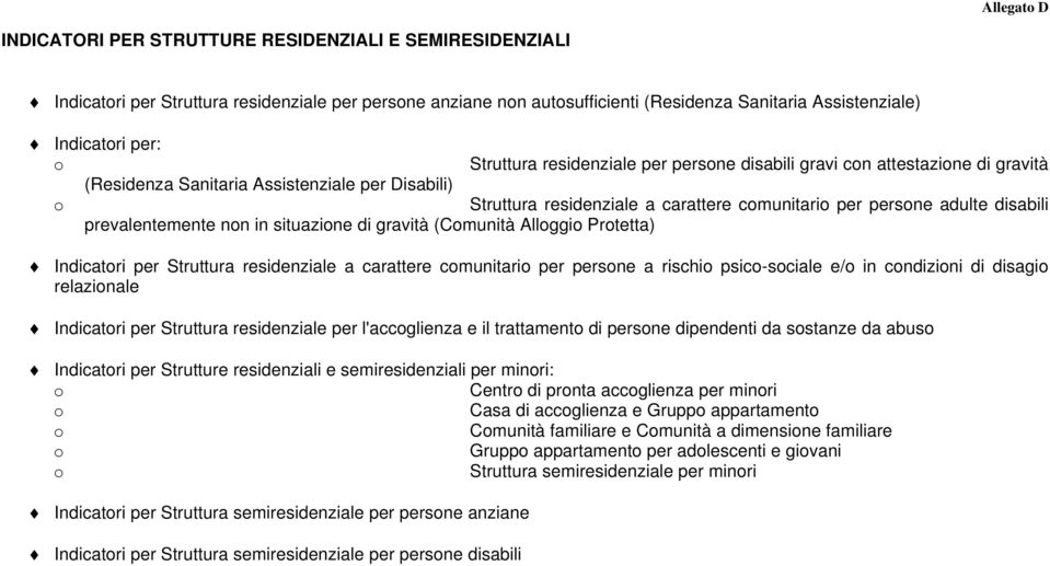 prevalentemente non in situazione di gravità (Comunità Alloggio Protetta) Indicatori per Struttura residenziale a carattere comunitario per persone a rischio psico-sociale e/o in condizioni di