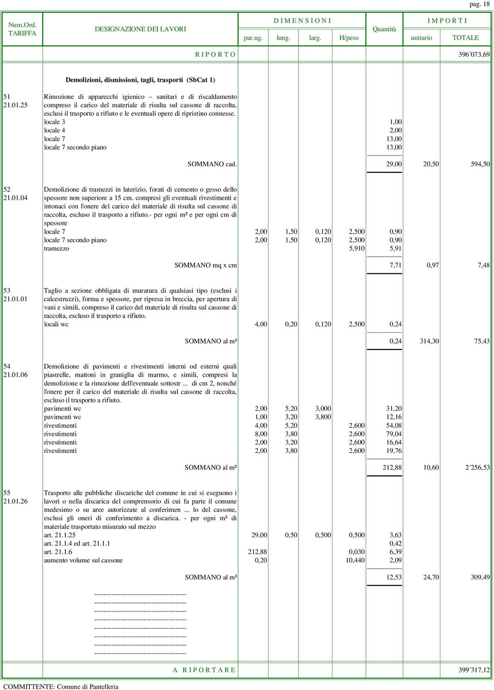 locale 3 1,00 locale 4 2,00 locale 7 13,00 locale 7 secondo piano 13,00 SOMMANO cad. 29,00 20,50 594,50 52 Demolizione di tramezzi in laterizio, forati di cemento o gesso dello 21.01.