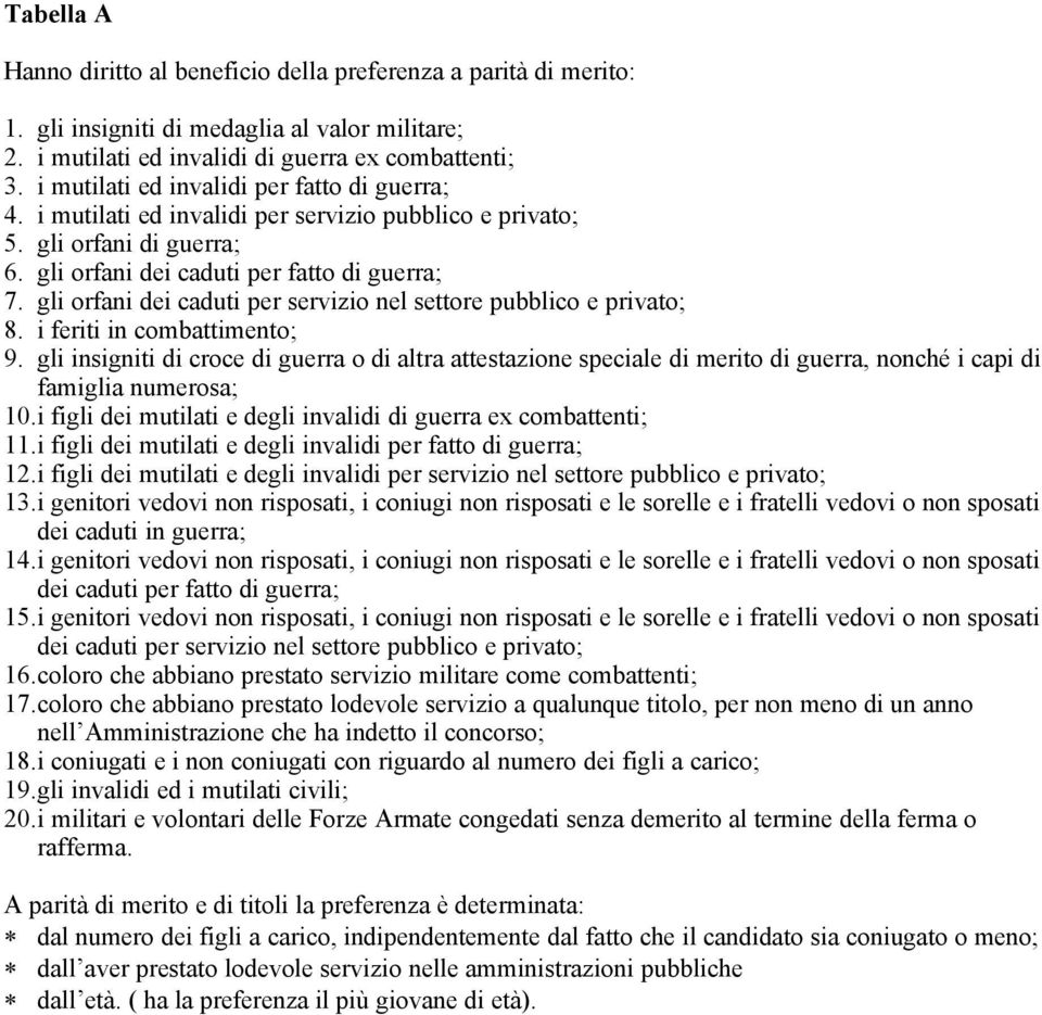 gli orfani dei caduti per servizio nel settore pubblico e privato; 8. i feriti in combattimento; 9.