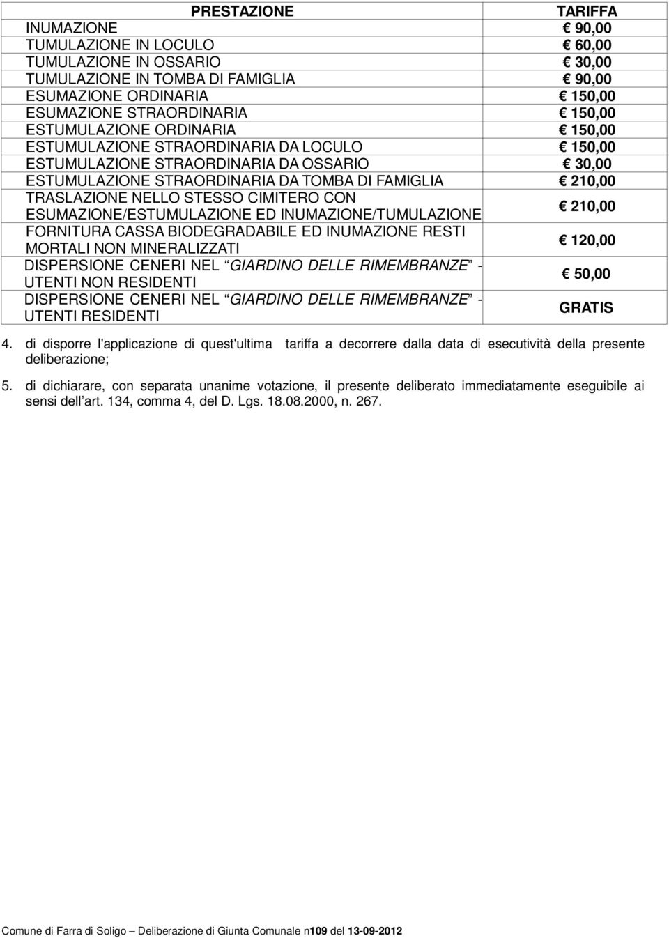 STESSO CIMITERO CON ESUMAZIONE/ESTUMULAZIONE ED INUMAZIONE/TUMULAZIONE 210,00 FORNITURA CASSA BIODEGRADABILE ED INUMAZIONE RESTI MORTALI NON MINERALIZZATI 120,00 UTENTI NON RESIDENTI 50,00 UTENTI