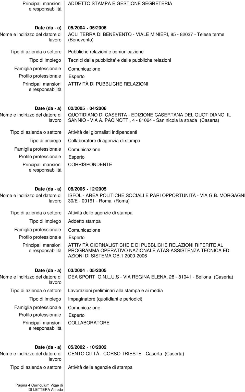 PACINOTTI, 4-81024 - San nicola la strada (Caserta) Attività dei giornalisti indipendenti Collaboratore di agenzia di stampa CORRISPONDENTE 08/2005-12/2005 ISFOL - AREA POLITICHE SOCIALI E PARI