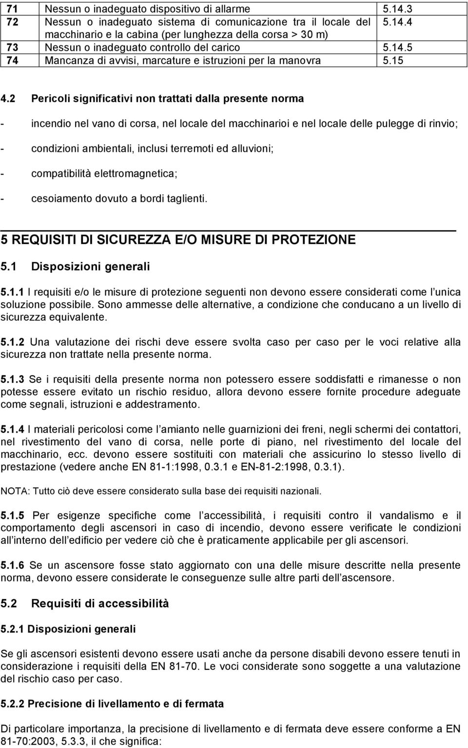 2 Pericoli significativi non trattati dalla presente norma - incendio nel vano di corsa, nel locale del macchinarioi e nel locale delle pulegge di rinvio; - condizioni ambientali, inclusi terremoti