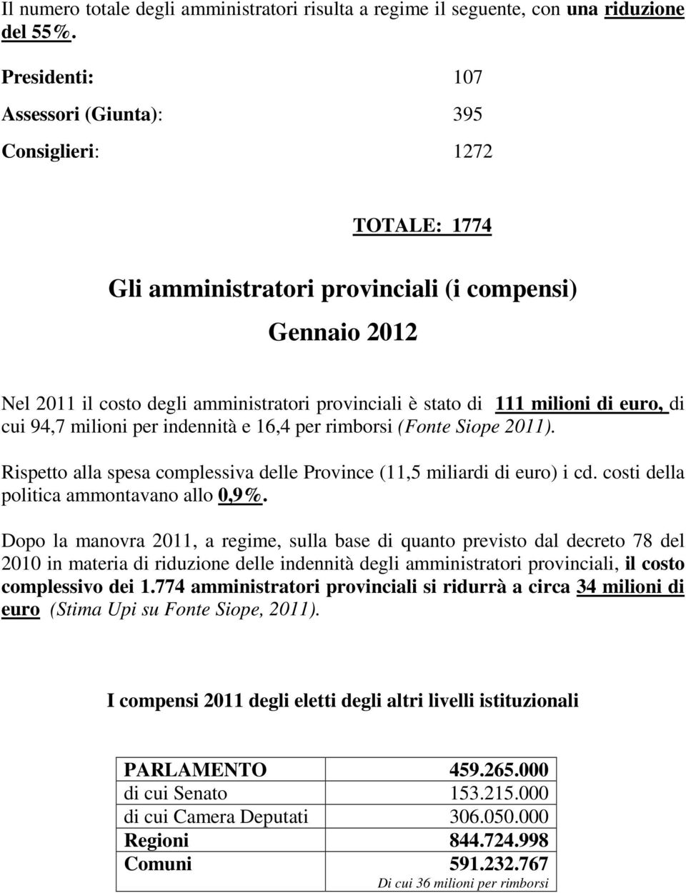 milioni di euro, di cui 94,7 milioni per indennità e 16,4 per rimborsi (Fonte Siope 2011). Rispetto alla spesa complessiva delle Province (11,5 miliardi di euro) i cd.