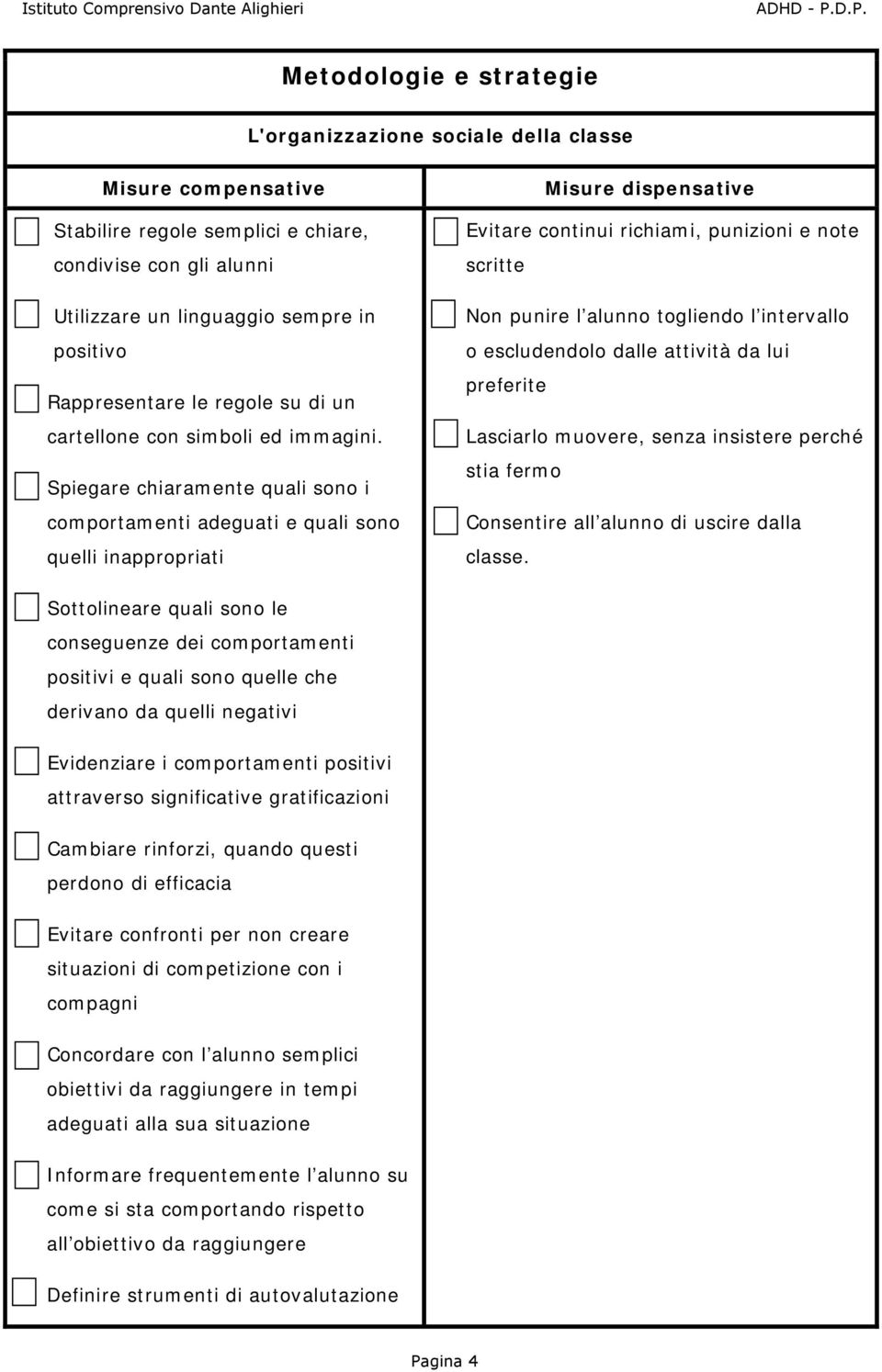 Spiegare chiaramente quali sono i comportamenti adeguati e quali sono quelli inappropriati Misure dispensative Evitare continui richiami, punizioni e note scritte Non punire l alunno togliendo l