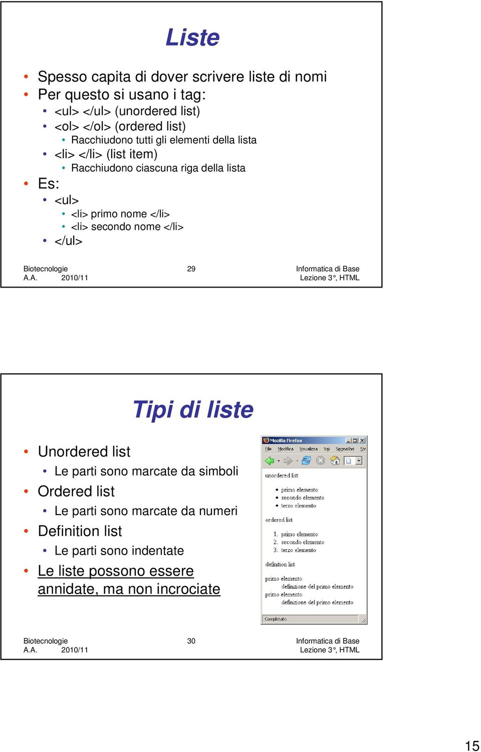 <li> secondo nome </li> </ul> 29 Informatica di Base Tipi di liste Unordered list Le parti sono marcate da simboli Ordered list Le parti