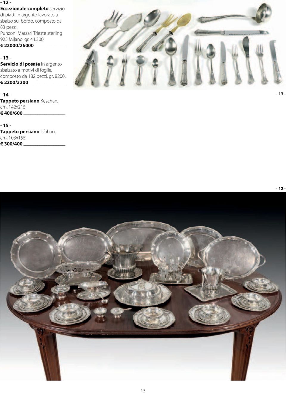 22000/26000-13 - Servizio di posate in argento sbalzato a motivi di foglie, composto da 182 pezzi.