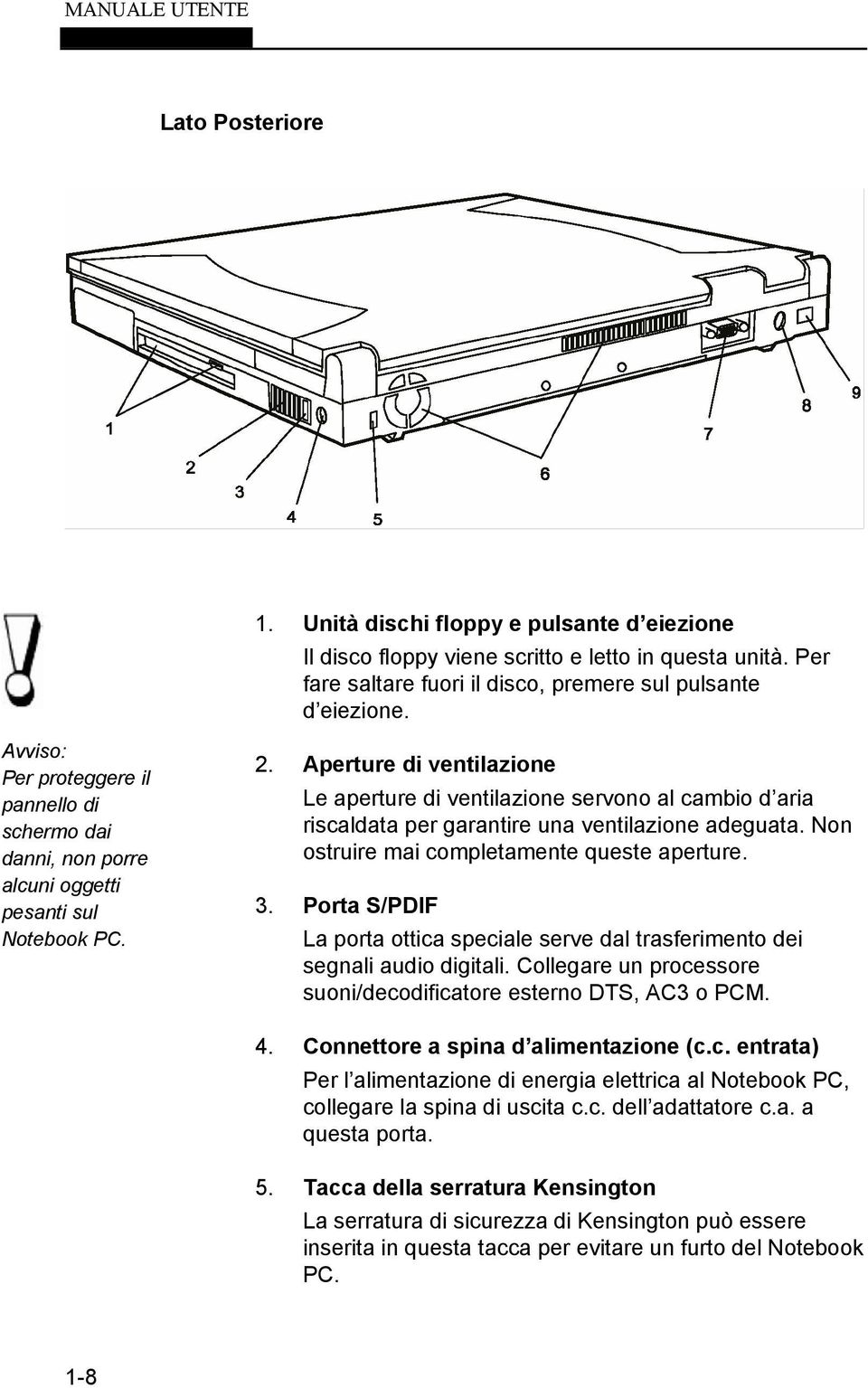 Aperture di ventilazione Le aperture di ventilazione servono al cambio d aria riscaldata per garantire una ventilazione adeguata. Non ostruire mai completamente queste aperture. 3.