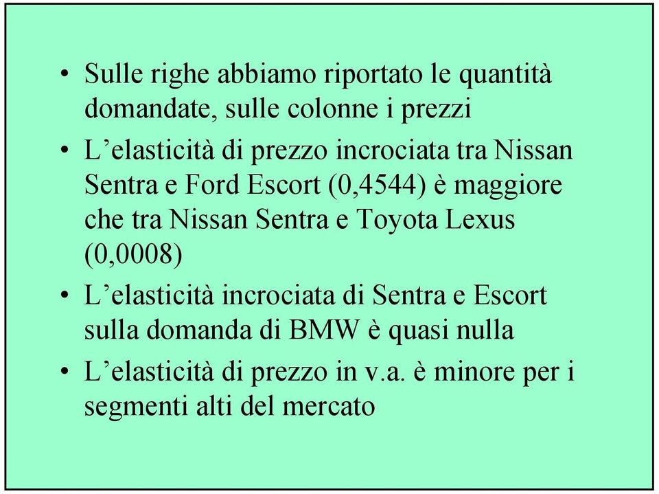 Sentra e Toyota Lexus (0,0008) L elasticità incrociata di Sentra e Escort sulla domanda