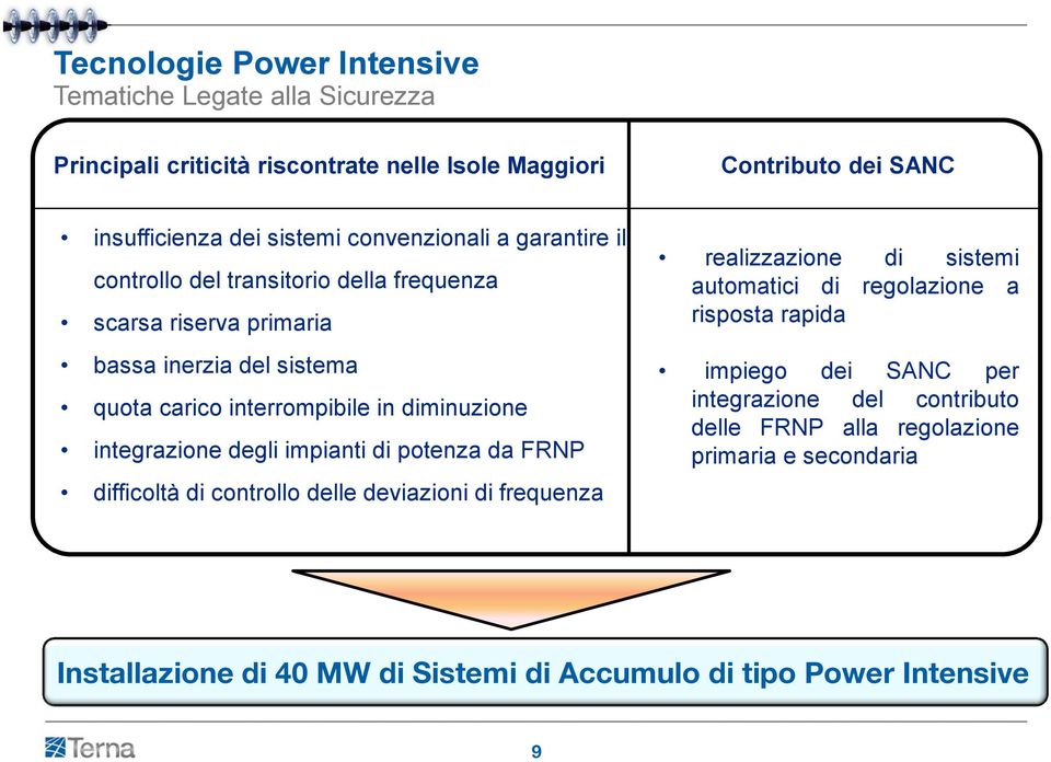 integrazione degli impianti di potenza da FRNP difficoltà di controllo delle deviazioni di frequenza realizzazione di sistemi automatici di regolazione a risposta