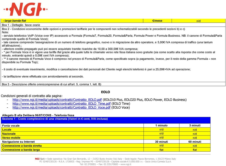 NB: il cane di Formula&Parla comprende quello di Formula Voce); - tale cane comprende l assegnazione di un numero di telefo geografico, nuovo o in migrazione da altro operatore, e 5,00 IVA compresa