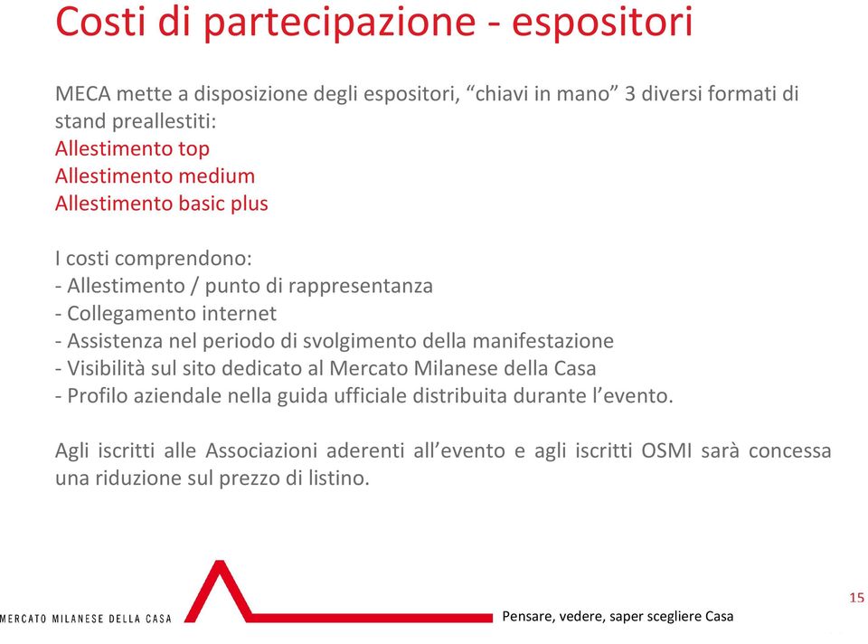 periodo di svolgimento della manifestazione - Visibilità sul sito dedicato al Mercato Milanese della Casa - Profilo aziendale nella guida ufficiale