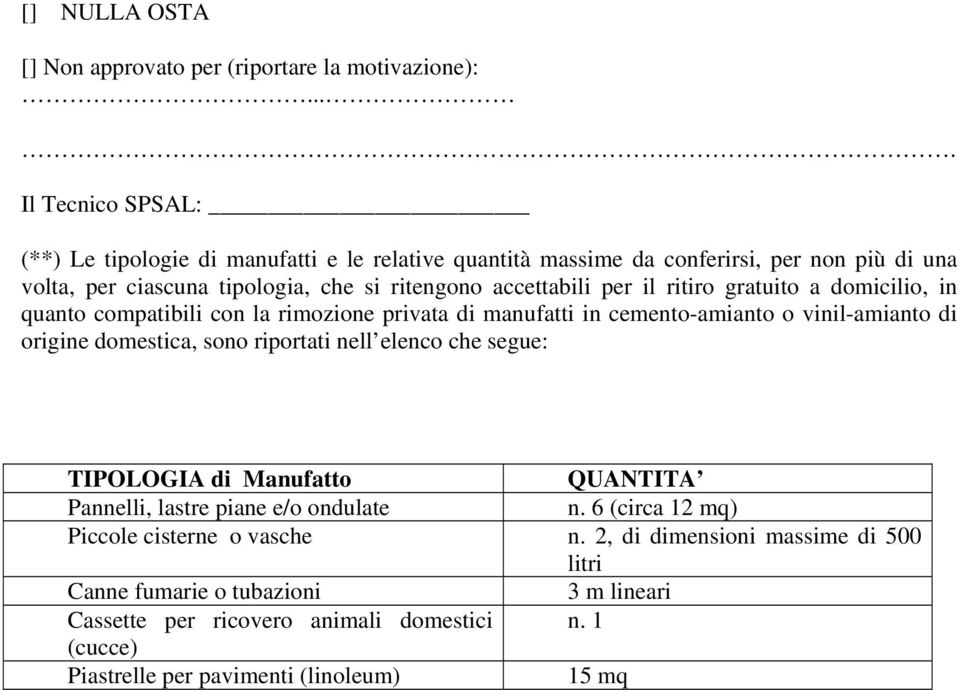 per il ritiro gratuito a domicilio, in quanto compatibili con la rimozione privata di manufatti in cemento-amianto o vinil-amianto di origine domestica, sono riportati nell elenco