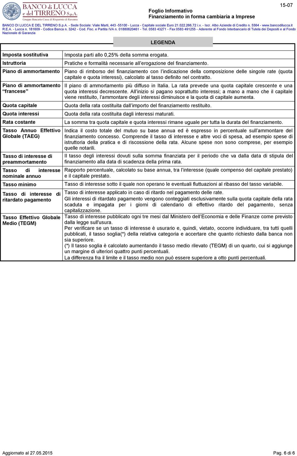 Piano di ammortamento francese Quota capitale Quota interessi Rata costante Tasso Annuo Effettivo Globale (TAEG) Tasso di interesse di preammortamento Tasso di interesse nominale annuo Tasso minimo