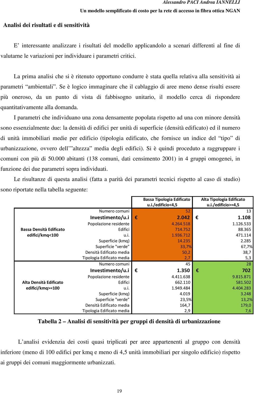 Se è logico immaginare che il cablaggio di aree meno dense risulti essere più oneroso, da un punto di vista di fabbisogno unitario, il modello cerca di rispondere quantitativamente alla domanda.