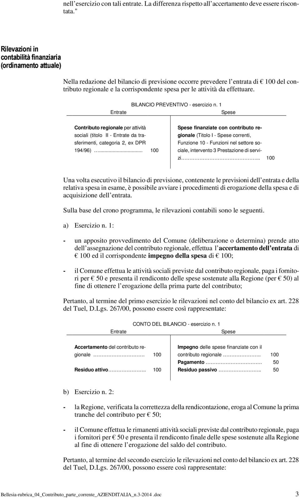 attività da effettuare. BILANCIO PREVENTIVO - esercizio n. 1 Contributo regionale per attività sociali (titolo II - da trasferimenti, categoria 2, ex DPR 194/96).