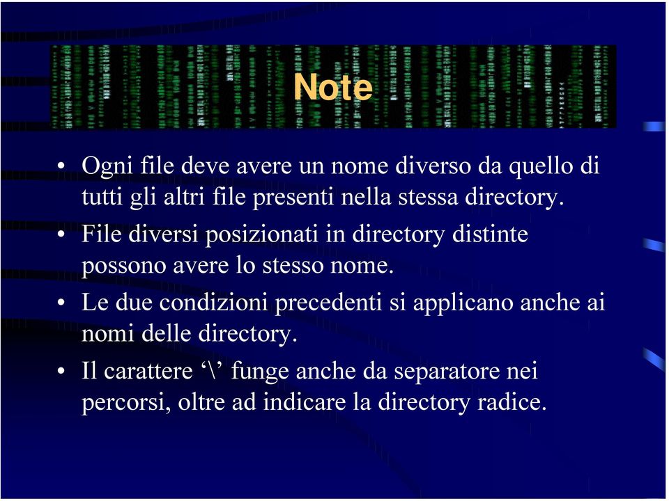 File diversi posizionati in directory distinte possono avere lo stesso nome.