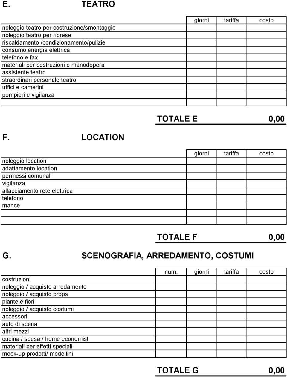 LOCATION noleggio location adattamento location permessi comunali vigilanza allacciamento rete elettrica telefono mance TOTALE F G.