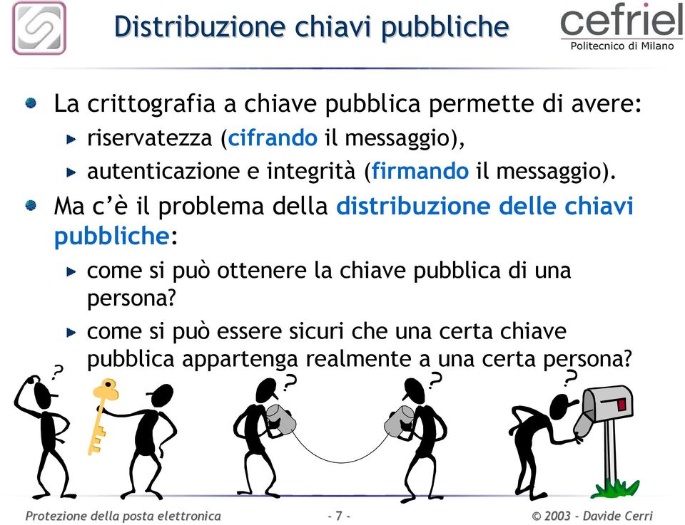 Ma c è il problema della distribuzione delle chiavi pubbliche: come si può ottenere la chiave pubblica di