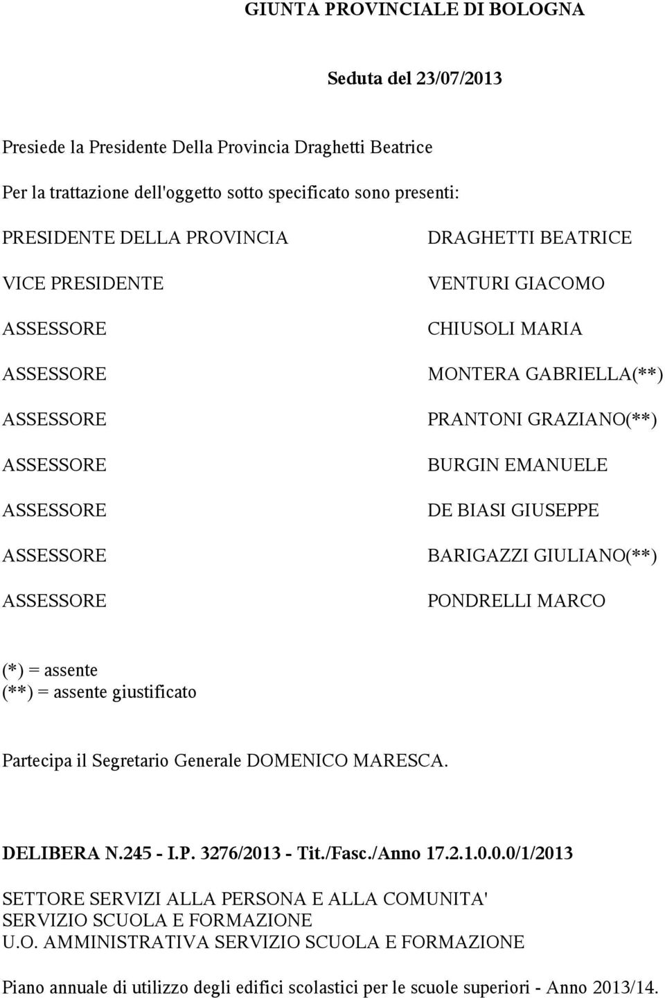 PONDRELLI MARCO (*) = assente (**) = assente giustificato Partecipa il Segretario Generale DOMENICO MARESCA. DELIBERA N.245 - I.P. 3276/201