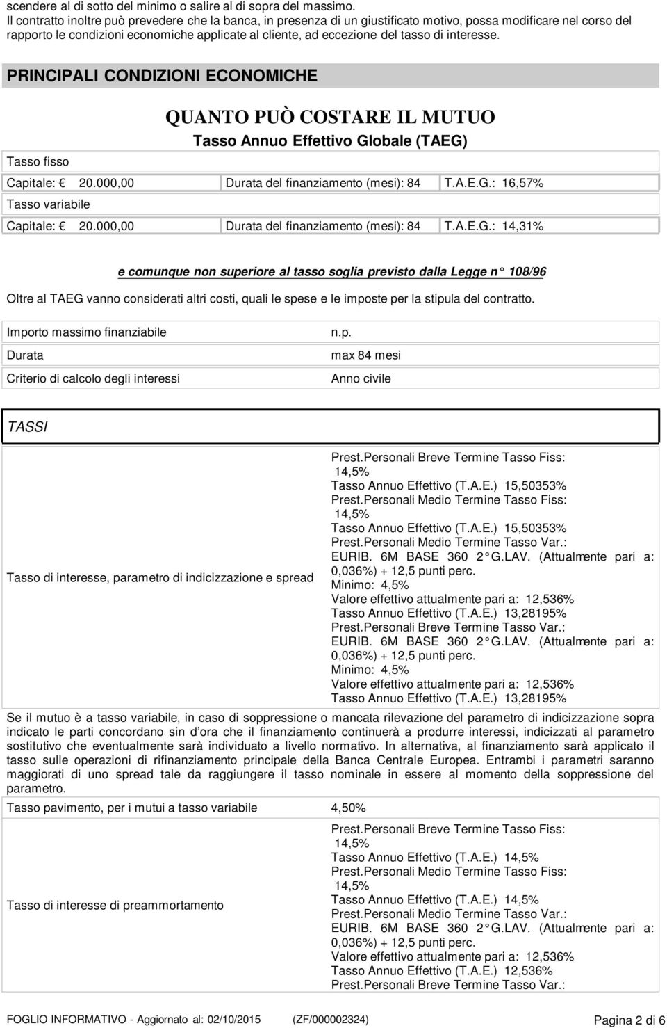 di interesse. PRINCIPALI CONDIZIONI ECONOMICHE Tasso fisso QUANTO PUÒ COSTARE IL MUTUO Tasso Annuo Effettivo Globale (TAEG) Capitale: 20.000,00 Durata del finanziamento (mesi): 84 T.A.E.G.: 16,57% Tasso variabile Capitale: 20.