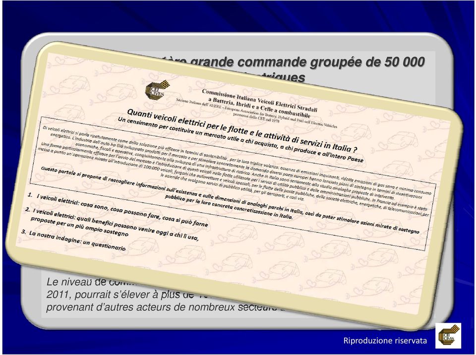 commandes pour une quantité estimée à 50 000 véhicules électriques : ADP, Air France, Areva, Bouygues, EDF, ERDF, Eiffage, France Telecom, GDF Suez, Suez Environnement, GRT Gaz, GrDF, La Poste, RATP,