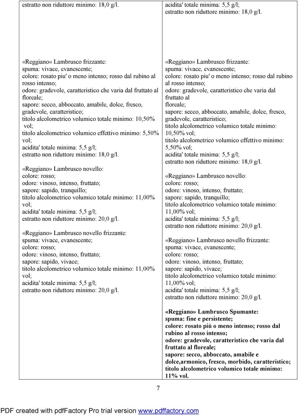 sapore: sapido, vivace; 11,00% «Reggiano» Lambrusco Spumante: spuma: fine e persistente; colore: rosato più o meno intenso; rosso dal rubino al rosso intenso; odore: gradevole, caratteristico che