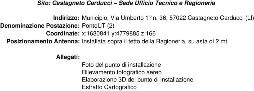 z:166 Posizionamento Antenna: Installata sopra il tetto della Ragioneria, su asta di 2 mt.