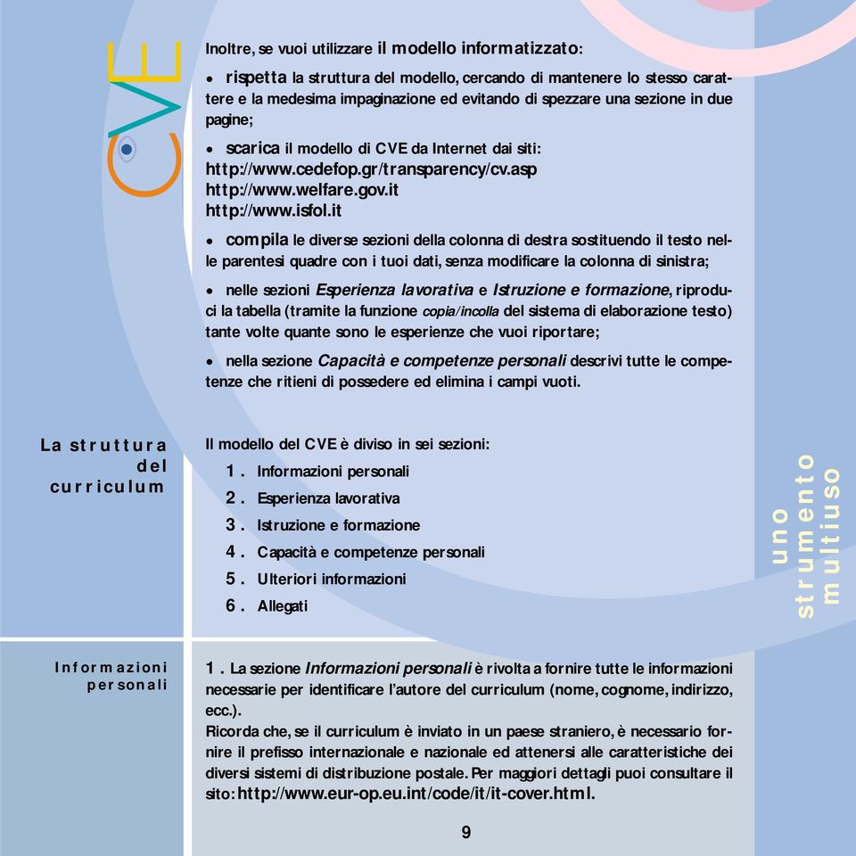 it compila le diverse sezioni della colonna di destra sostituendo il testo nelle parentesi quadre con i tuoi dati, senza modificare la colonna di sinistra; nelle sezioni Esperienza lavorativa e