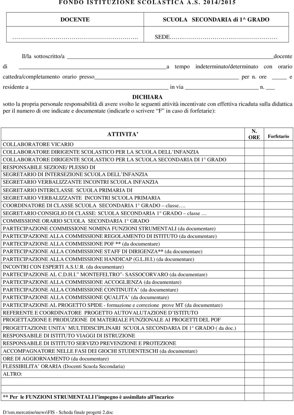 DICHIARA sotto la propria personale responsabilità di avere svolto le seguenti attività incentivate con effettiva ricaduta sulla didattica per il numero di ore indicate e documentate (indicarle o