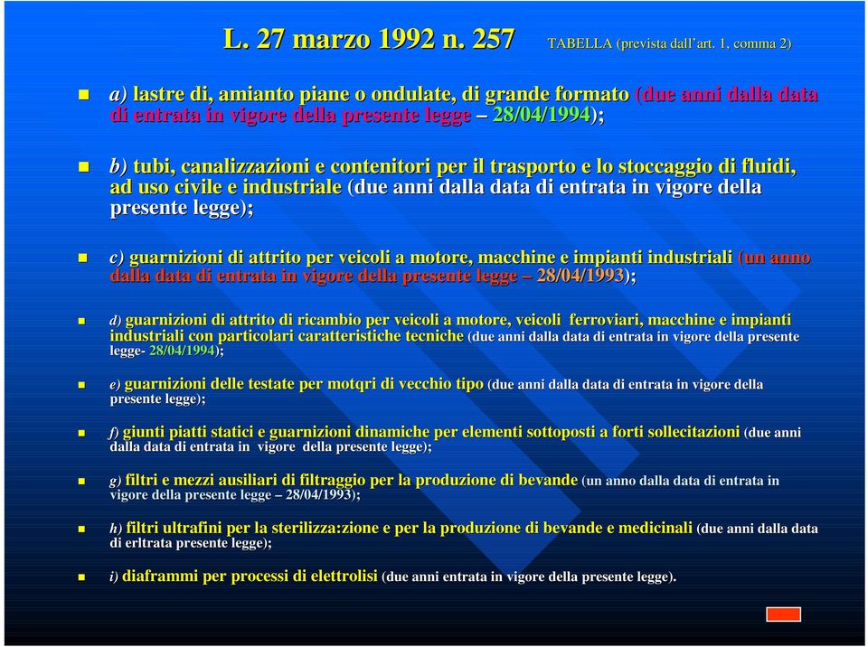 trasporto e lo stoccaggio gio di fluidi, ad uso civile e industriale (due anni dalla data di entrata in vigore della presente legge); c) guarnizioni di attrito per veicoli a motore, macchine e