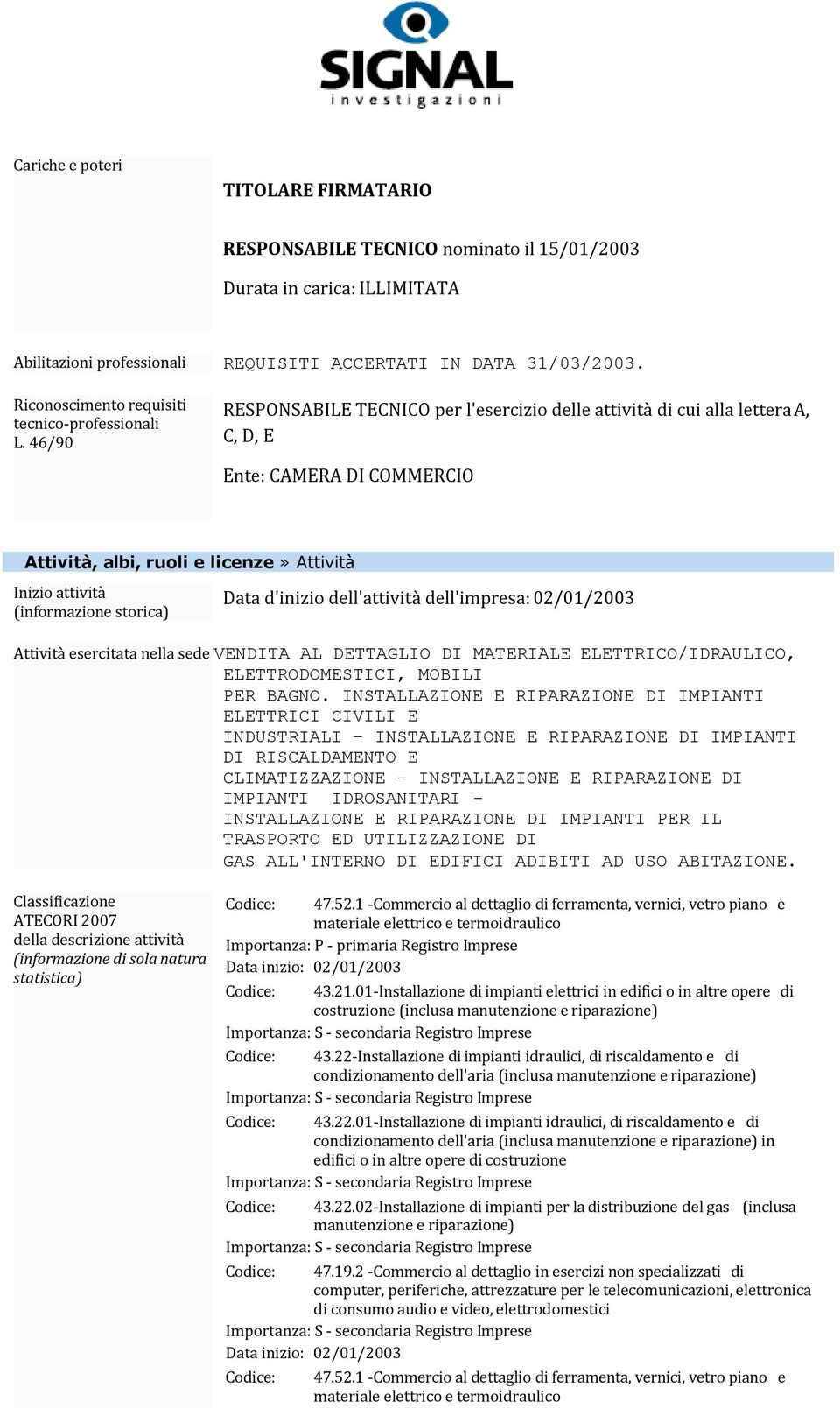 RESPONSABILE TECNICO per l'esercizio delle attività di cui alla lettera A, C, D, E Attività, albi, ruoli e licenze» Attività Inizio attività (informazione storica) d'inizio dell'attività