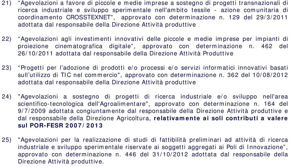 129 del 29/3/2011 adottata dal 22) Agevolazioni agli investimenti innovativi delle piccole e medie imprese per impianti di proiezione cinematografica digitale, approvato con determinazione n.