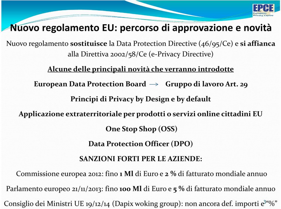 29 Principidi Privacy by Design e by default Applicazione extraterritoriale per prodotti o servizi online cittadini EU One Stop Shop (OSS) Data Protection Officer (DPO) SANZIONI FORTI