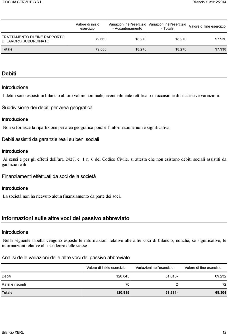 Suddivisione dei debiti per area geografica Non si fornisce la ripartizione per area geografica poiché l informazione non è significativa.