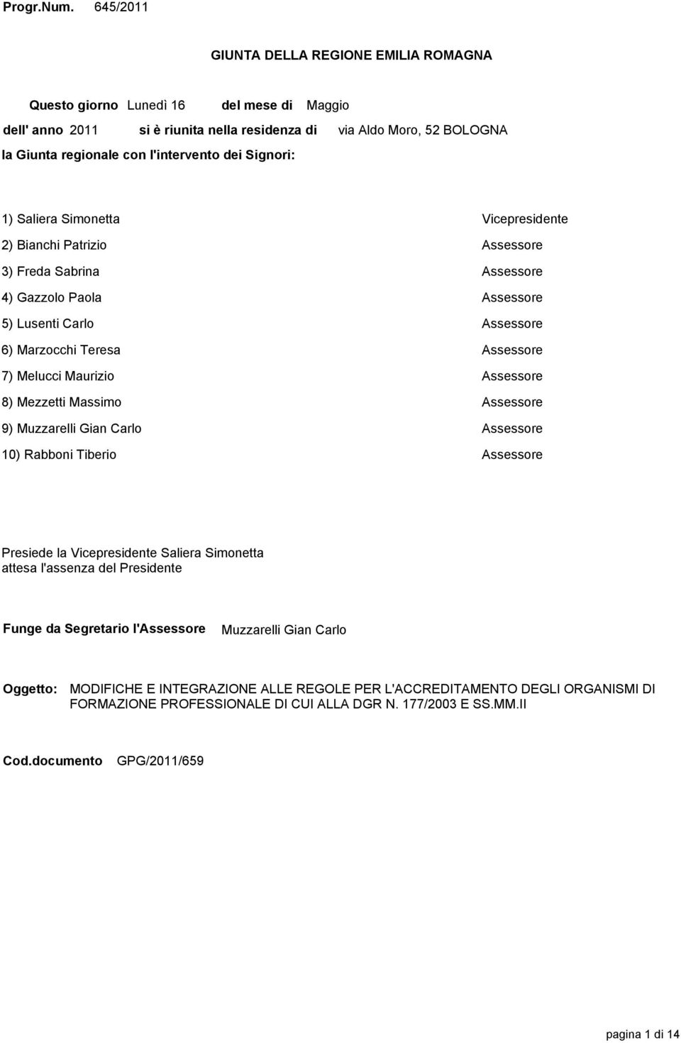 Moro, 52 BOLOGNA 1) Saliera Simonetta Vicepresidente 2) Bianchi Patrizio Assessore 3) Freda Sabrina Assessore 4) Gazzolo Paola Assessore 5) Lusenti Carlo Assessore 6) Marzocchi Teresa Assessore 7)