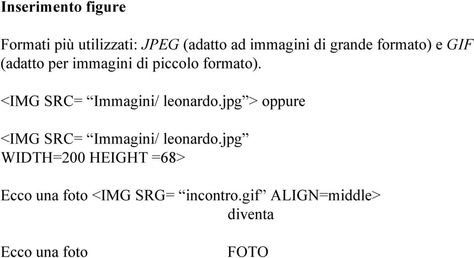 <IMG SRC= Immagini/ leonardo.jpg > oppure <IMG SRC= Immagini/ leonardo.
