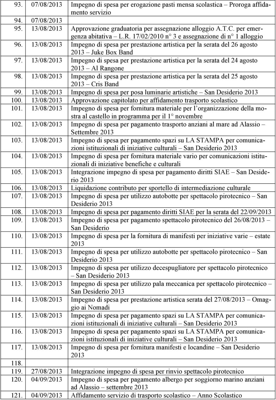 13/08/ Impegno di spesa per prestazione artistica per la serata del 24 agosto Al Rangone 98. 13/08/ Impegno di spesa per prestazione artistica per la serata del 25 agosto Cris Band 99.