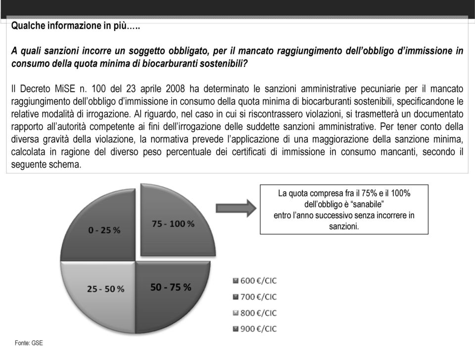 100 del 23 aprile 2008 ha determinato le sanzioni amministrative pecuniarie per il mancato raggiungimento dell obbligo d immissione in consumo della quota minima di biocarburanti sostenibili,