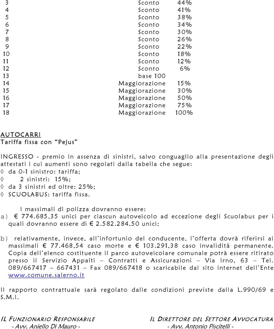 aumenti sono regolati dalla tabella che segue: da 0-1 sinistro: tariffa; 2 sinistri: 15%; da 3 sinistri ed oltre: 25%; SCUOLABUS: tariffa fissa. I massimali di polizza dovranno essere: a) 774.