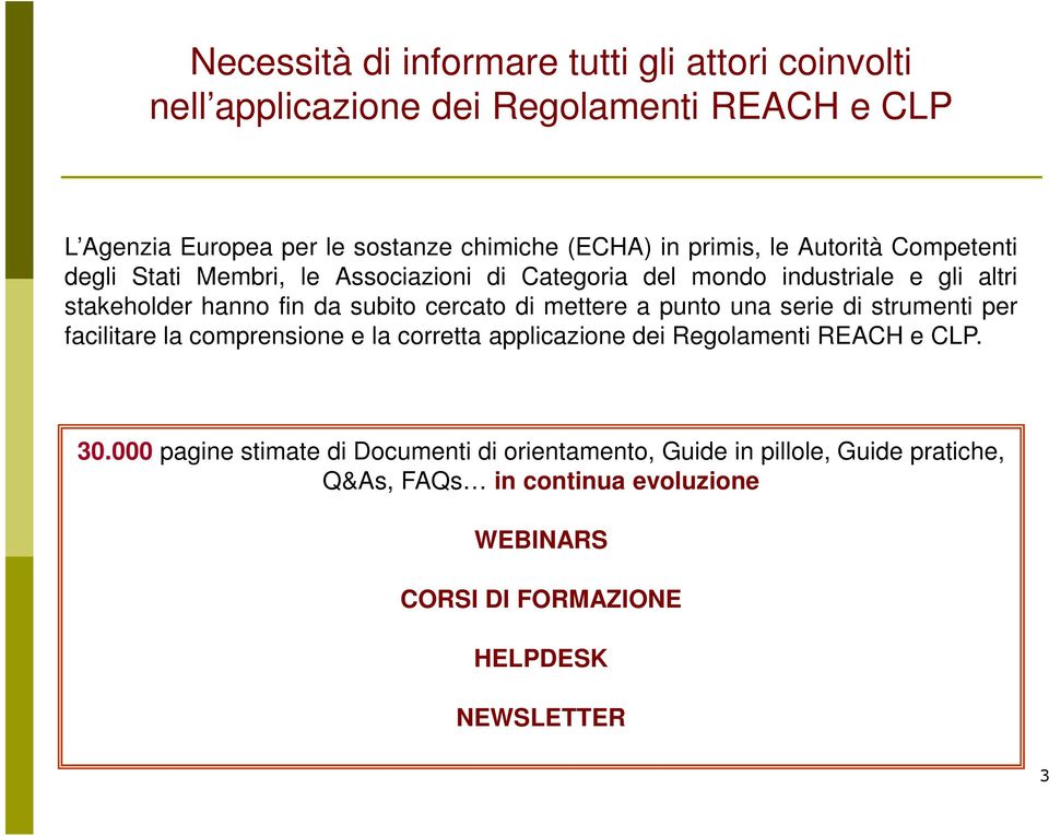 cercato di mettere a punto una serie di strumenti per facilitare la comprensione e la corretta applicazione dei Regolamenti REACH e CLP. 30.